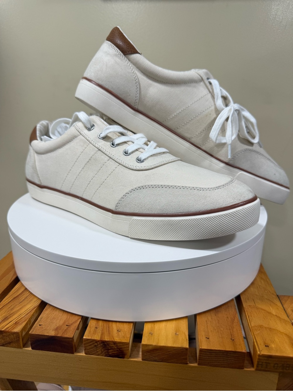 Club Room Men's Low-Top Canvas Sneakers in Cream with Brown Accents